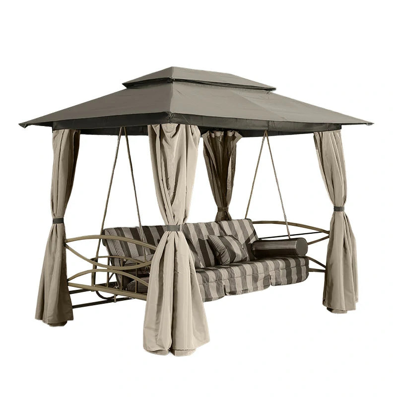 SOLARA Outdoor Swing Canopy - Extra-Wide Design with Galvanised Steel Frame, Breathable Double-Layer Shade, Includes Privacy Curtains & Mesh – Khaki