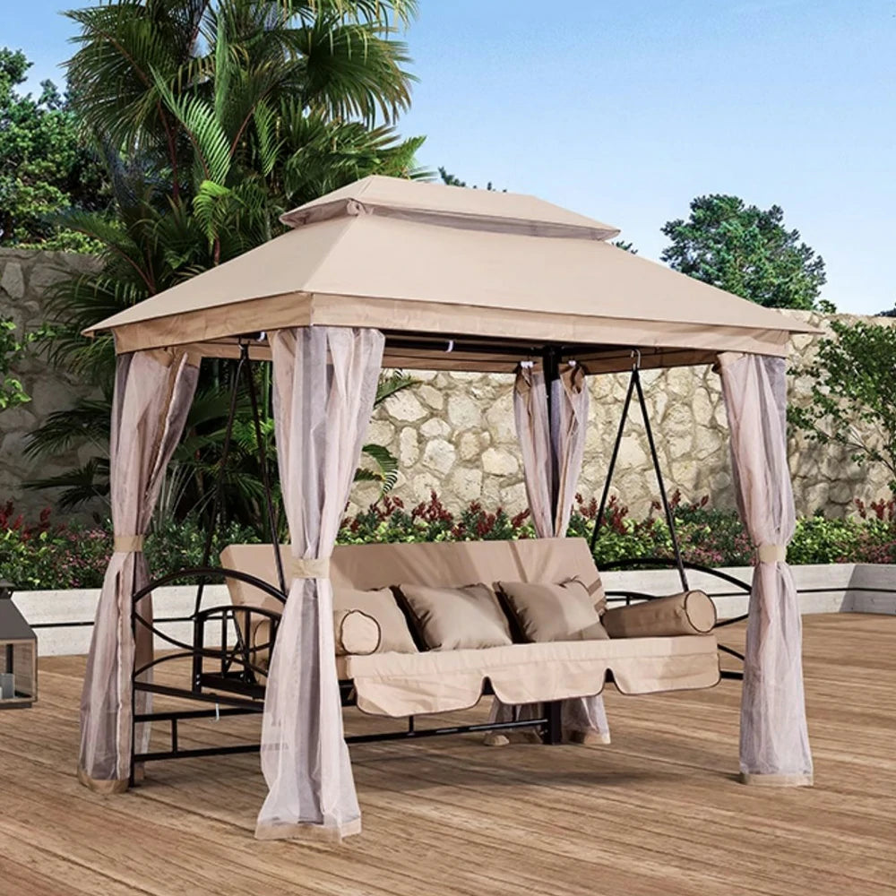 SOLARA Outdoor Swing with Canopy - Classic Design, Heavy-Duty Galvanised Steel Frame, Extra-Wide 3–5 Seat Capacity, Privacy Mesh Curtains Included – Pink