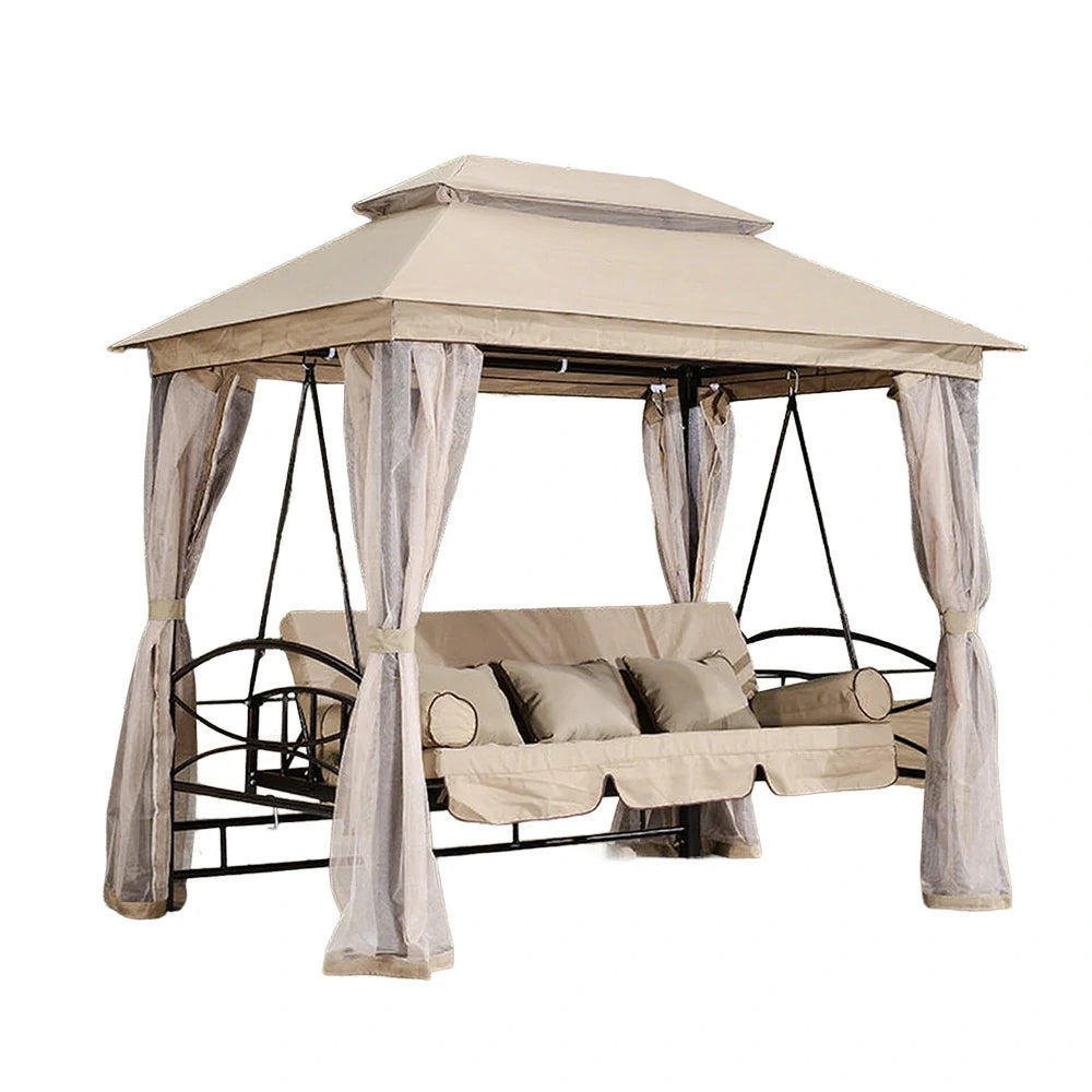 SOLARA Outdoor Swing with Canopy - Classic Design, Heavy-Duty Galvanised Steel Frame, Extra-Wide 3–5 Seat Capacity, Privacy Mesh Curtains Included – Pink