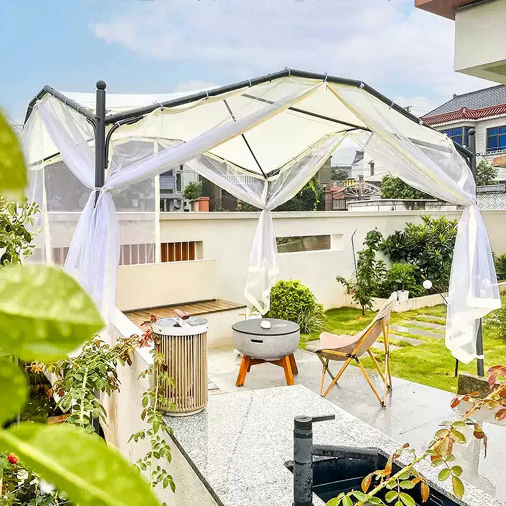 SOLARA Butterfly Pavilion 3x3m Outdoor Canopy with Durable Alloy Frame, 4 Mesh Curtains & Bonus 10m Solar String Lights – White