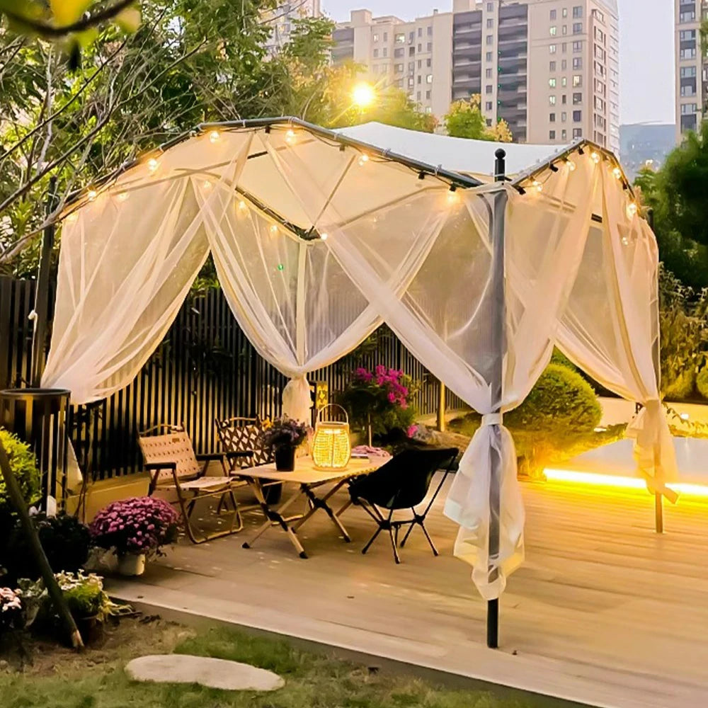 SOLARA Butterfly Pavilion 3x3m Outdoor Canopy with Durable Alloy Frame, 4 Mesh Curtains & Bonus 10m Solar String Lights – White