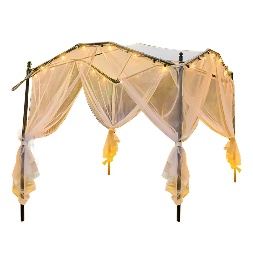 SOLARA Butterfly Pavilion 3x3m Outdoor Canopy with Durable Alloy Frame, 4 Mesh Curtains & Bonus 10m Solar String Lights – White