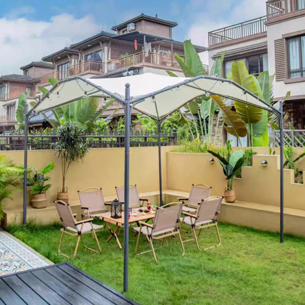 SOLARA Butterfly Pavilion 3x3m Outdoor Canopy with Durable Alloy Frame, 4 Mesh Curtains & Bonus 10m Solar String Lights – White