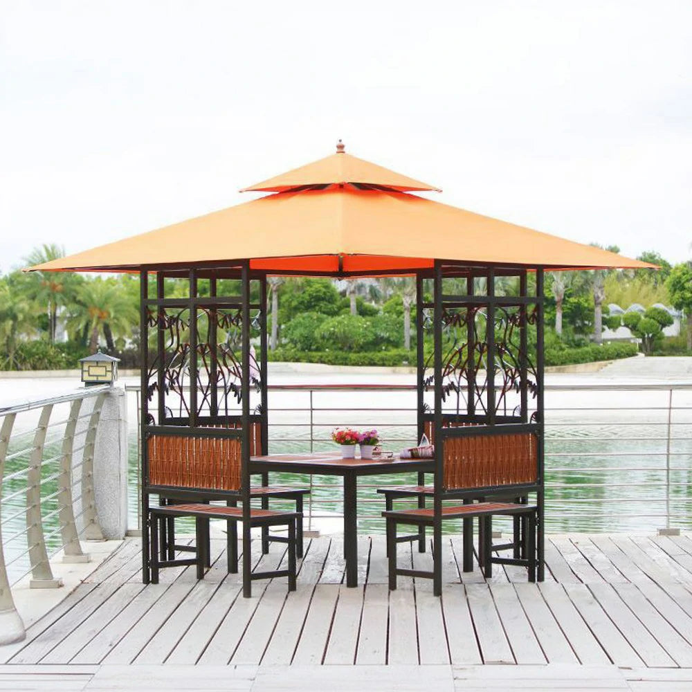 SOLARA Luxury Pavilion Set - Heavy-Duty Steel Frame with Hollow Ventilated Design, Durable Table & Chairs, All-Weather Canopy - Orange