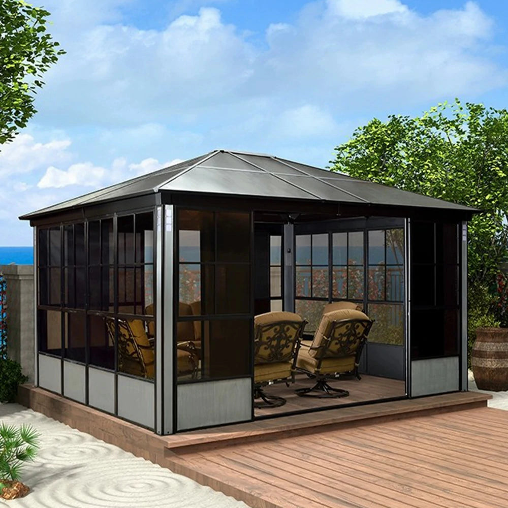 SOLARA Sunroom Pavilion - Reinforced Aluminium-Steel Frame with Sliding Doors & Privacy Mesh - Black