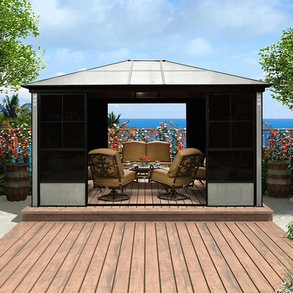 SOLARA Sunroom Pavilion - Reinforced Aluminium-Steel Frame with Sliding Doors & Privacy Mesh - Black
