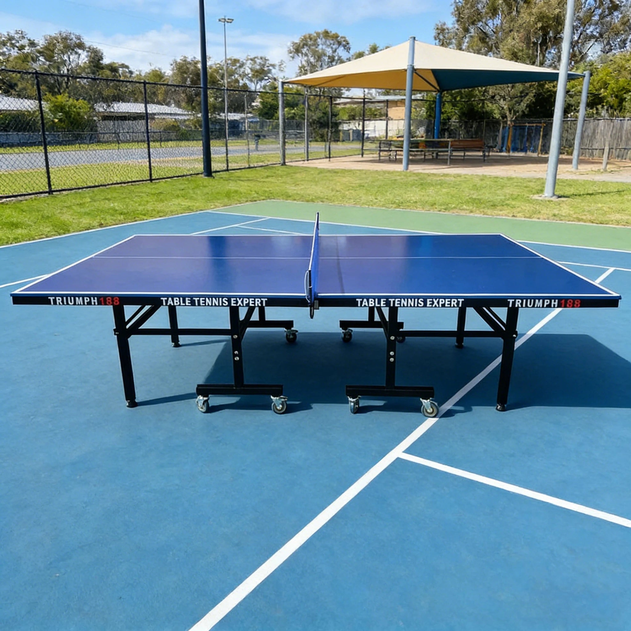 SUNNET Outdoor Table Tennis Table - 15mm Waterproof Blue Foldable Solo Playback Training Design with Bats Balls Net (Triumph 188)