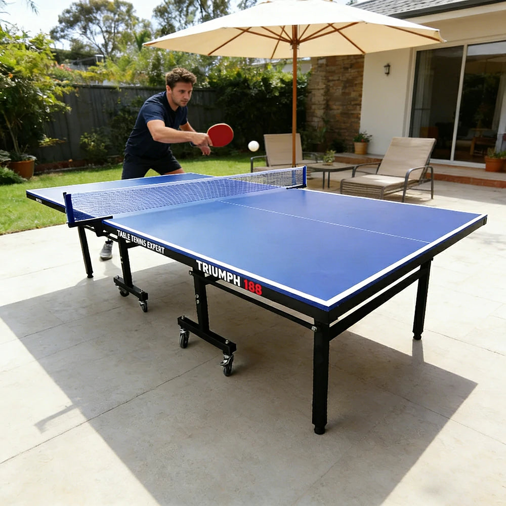 SUNNET Outdoor Table Tennis Table - 15mm Waterproof Blue Foldable Solo Playback Design with Bats Balls Net (Triumph 188)