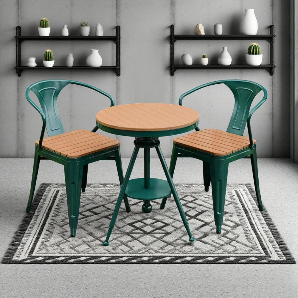 SOLARA 3-Piece Outdoor Table and Chair Set - Green Iron Frame with PS Wood,1 Table + 2 Chairs for Patio Use