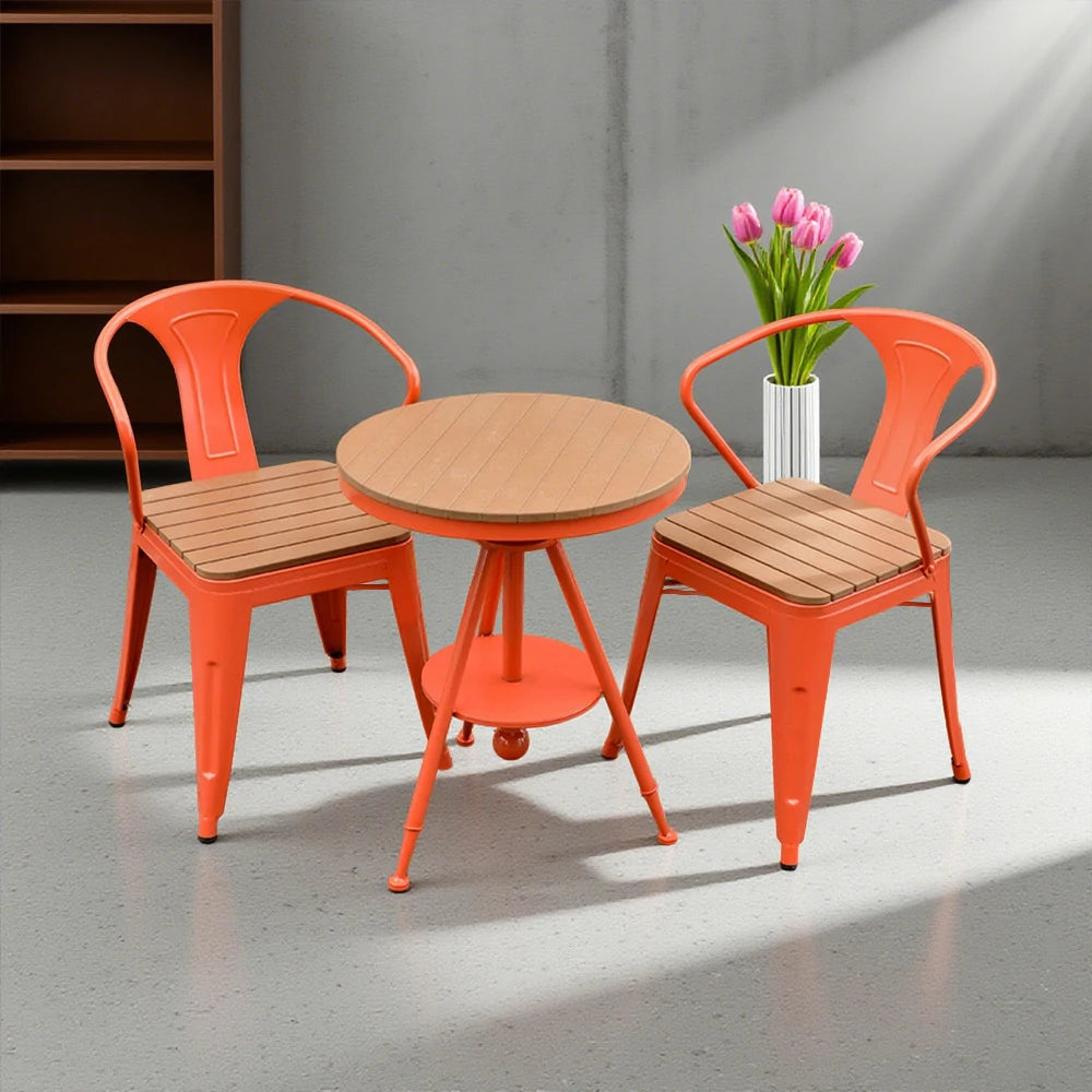 SOLARA 3-Piece Outdoor Table and Chair Set - Red Iron Frame with PS Wood,1 Table + 2 Chairs for Patio Use