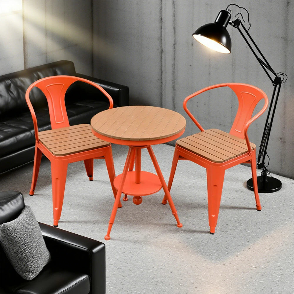 SOLARA 3-Piece Outdoor Table and Chair Set - Red Iron Frame with PS Wood,1 Table + 2 Chairs for Patio Use