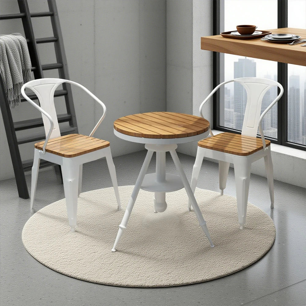 SOLARA 3-Piece Outdoor Table and Chair Set - White Iron Frame with PS Wood,1 Table + 2 Chairs for Patio Use