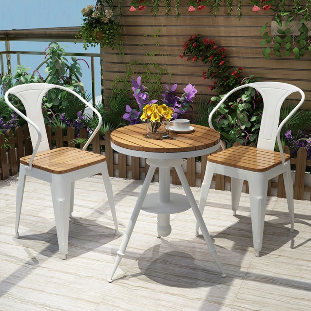 SOLARA 3-Piece Outdoor Table and Chair Set - White Iron Frame with PS Wood,1 Table + 2 Chairs for Patio Use