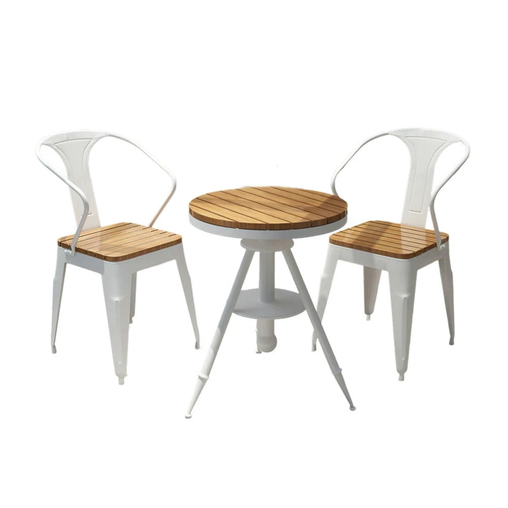 SOLARA 3-Piece Outdoor Table and Chair Set - White Iron Frame with PS Wood,1 Table + 2 Chairs for Patio Use