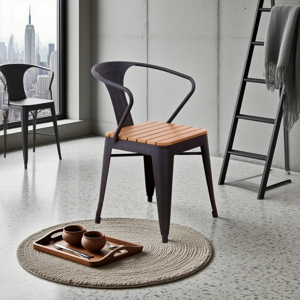 SOLARA Outdoor Chair - Black Iron Frame with Durable PS Wood Seat, Sturdy Welded Construction, Weather-Resistant Design