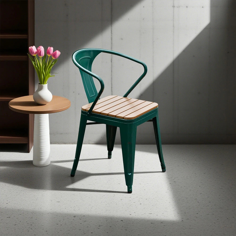 SOLARA Outdoor Patio Chair - Weather-Resistant PS Wood Seat, Green Iron Frame, Sturdy Welded Build