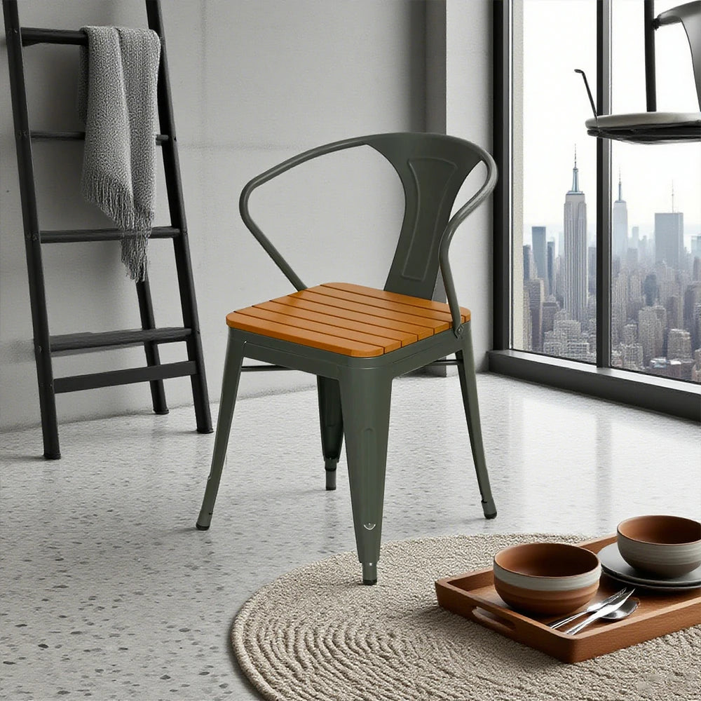 SOLARA Outdoor Patio Chair - Weather-Resistant PS Wood Seat, Gray Iron Frame, Sturdy Welded Build