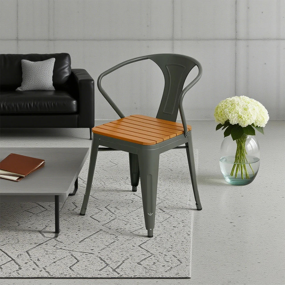 SOLARA Outdoor Patio Chair - Weather-Resistant PS Wood Seat, Gray Iron Frame, Sturdy Welded Build