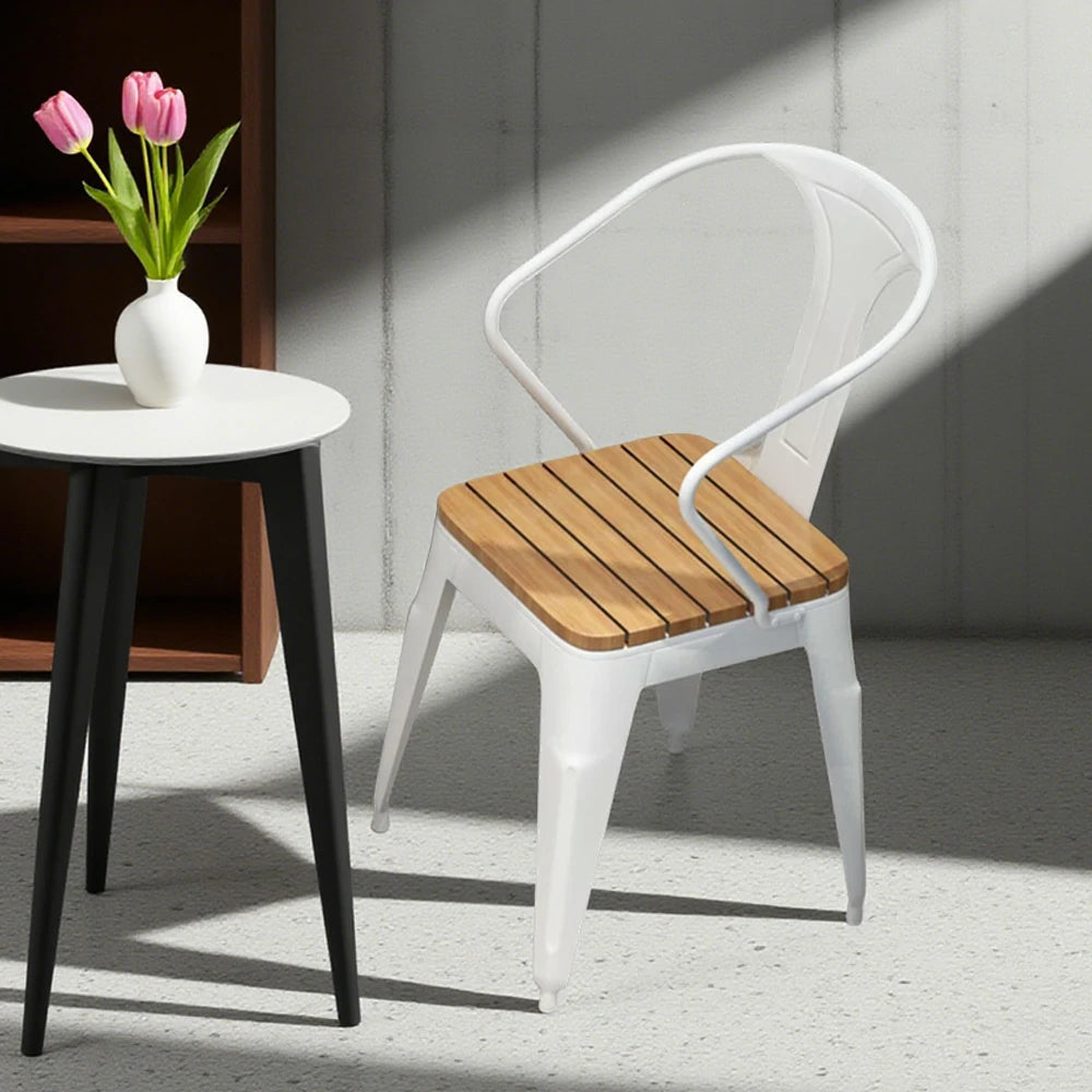 SOLARA Outdoor Chair - White Iron Frame with Durable PS Wood Seat, Sturdy Welded Construction
