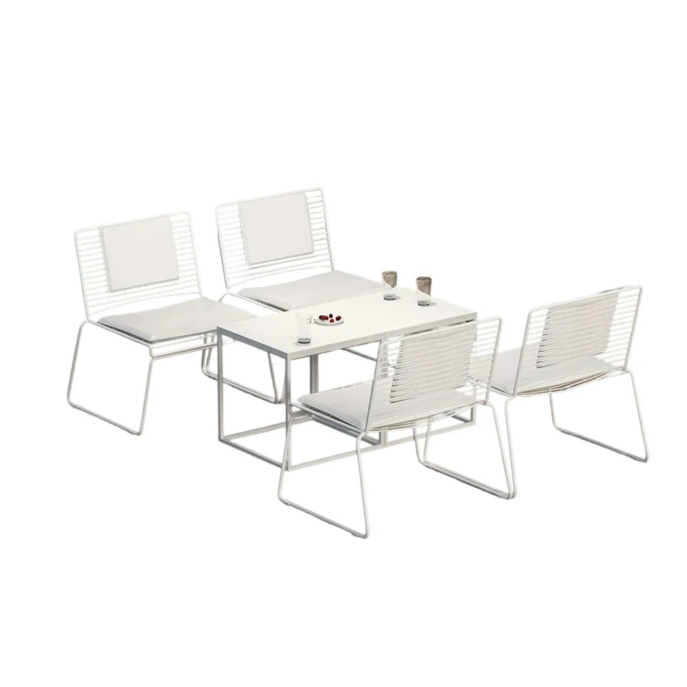 SOLARA Iron Table and Chair Set – Minimalist Metal Frame, 2 Tables with 4 Lounge Chairs, Gold Finish - White