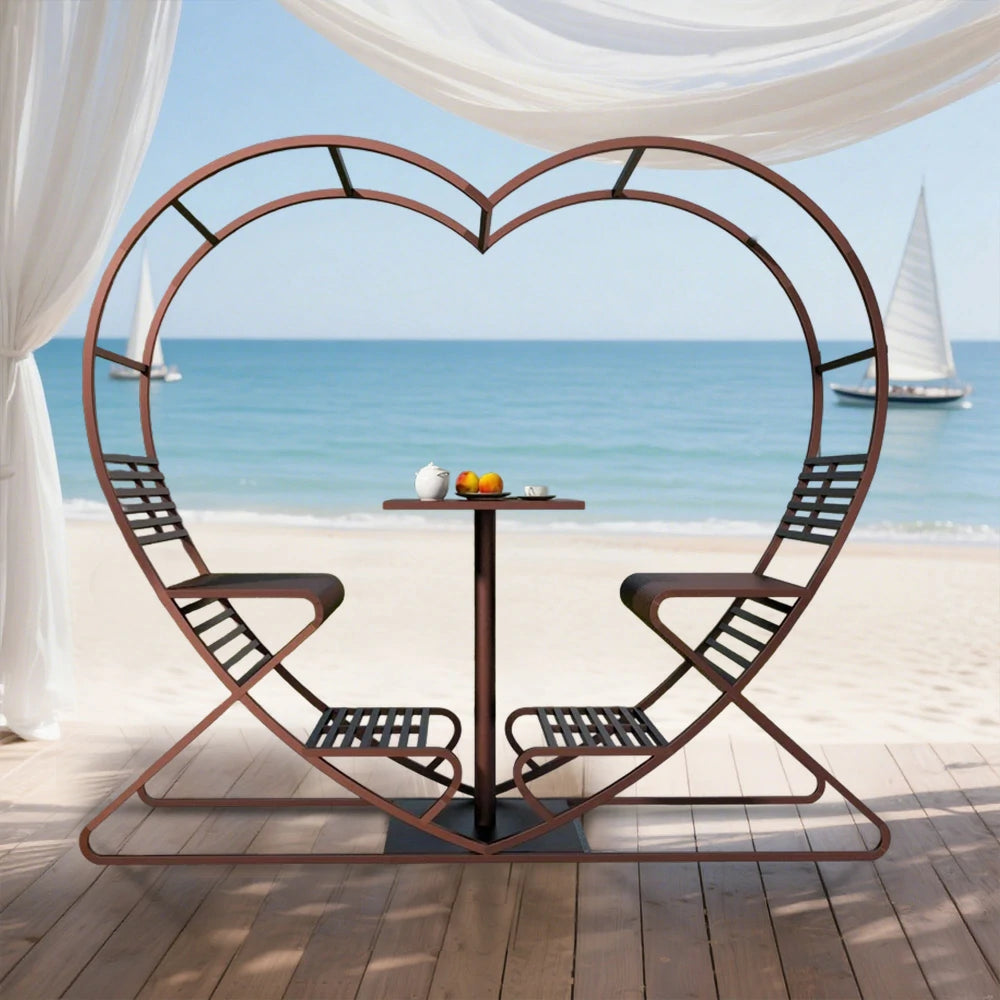 SOLARA Outdoor Heart-Shaped Double Chair, Galvanized Thickened Steel Frame - Brown
