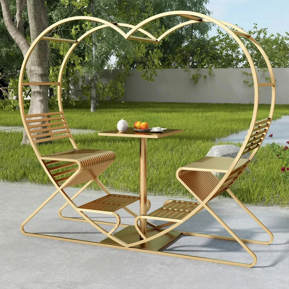 SOLARA Outdoor Heart-Shaped Double Chair, Galvanized Thickened Steel Frame - Gold
