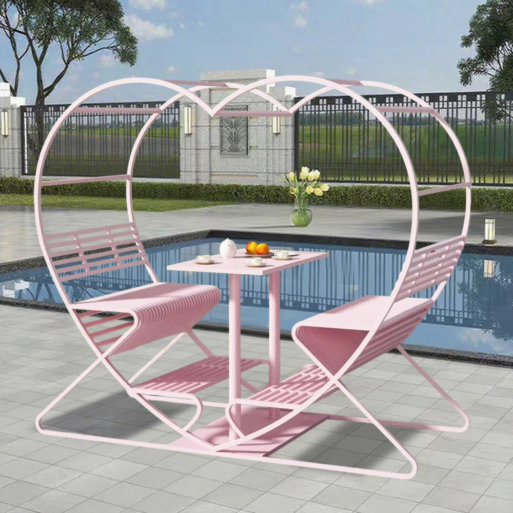 SOLARA Outdoor Heart-Shaped Double Chair, Galvanized Thickened Steel Frame - Pink