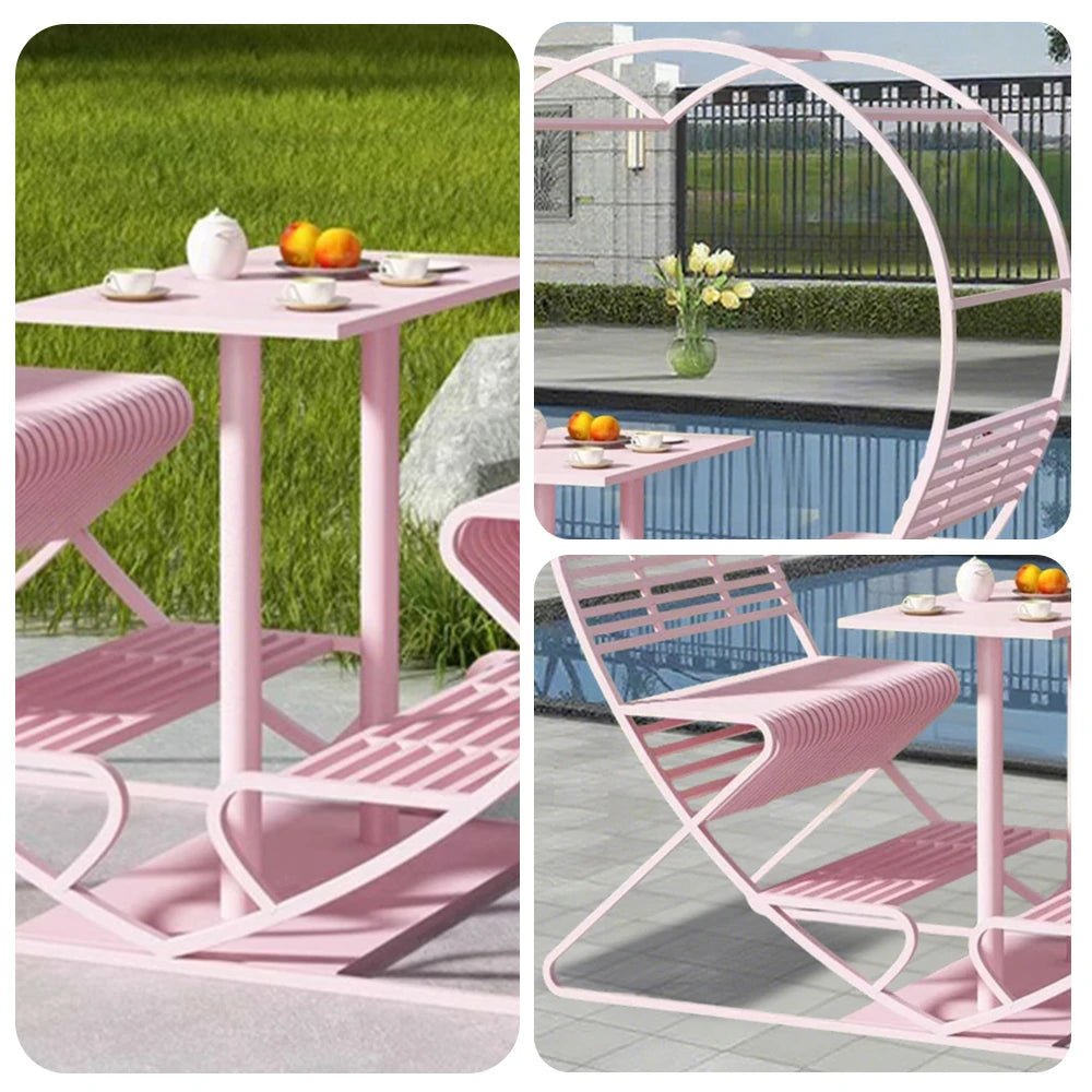 SOLARA Outdoor Heart-Shaped Double Chair, Galvanized Thickened Steel Frame - Pink