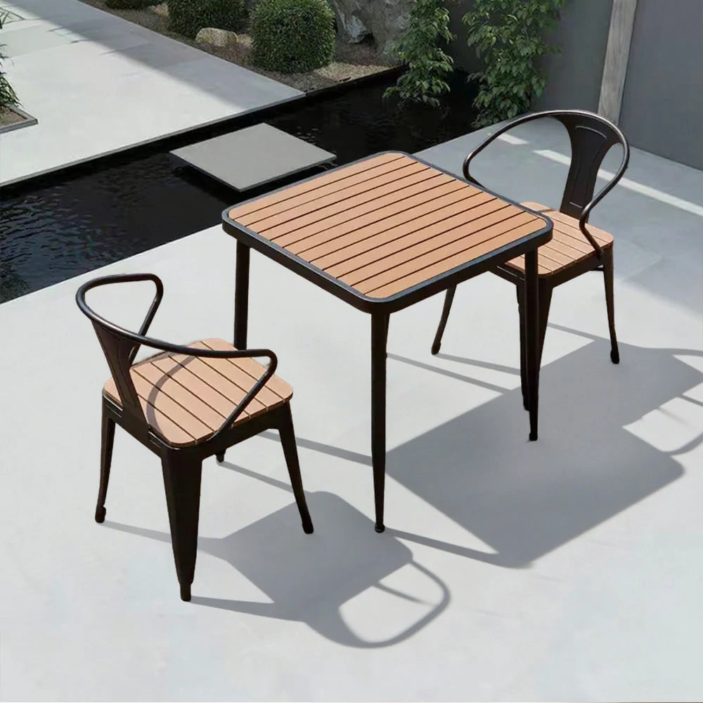 SOLARA 3-Piece Outdoor Dining Set, Black Wrought Iron Frame, 1 Table + 2 Chairs - Plastic Wood