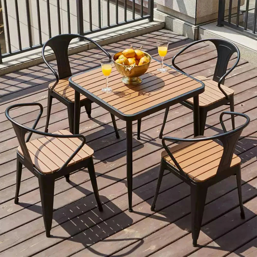SOLARA 5-Piece Outdoor Dining Set, Black Wrought Iron Frame, 1 Table +4 Chairs – Plastic Wood