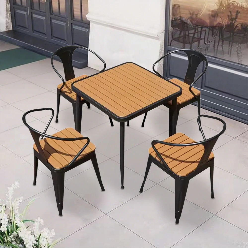 SOLARA 5-Piece Outdoor Dining Set, Black Wrought Iron Frame, 1 Table +4 Chairs – Plastic Wood