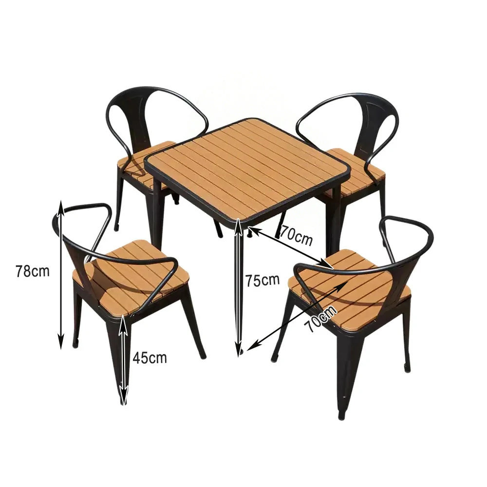 SOLARA 5-Piece Outdoor Dining Set, Black Wrought Iron Frame, 1 Table +4 Chairs – Plastic Wood