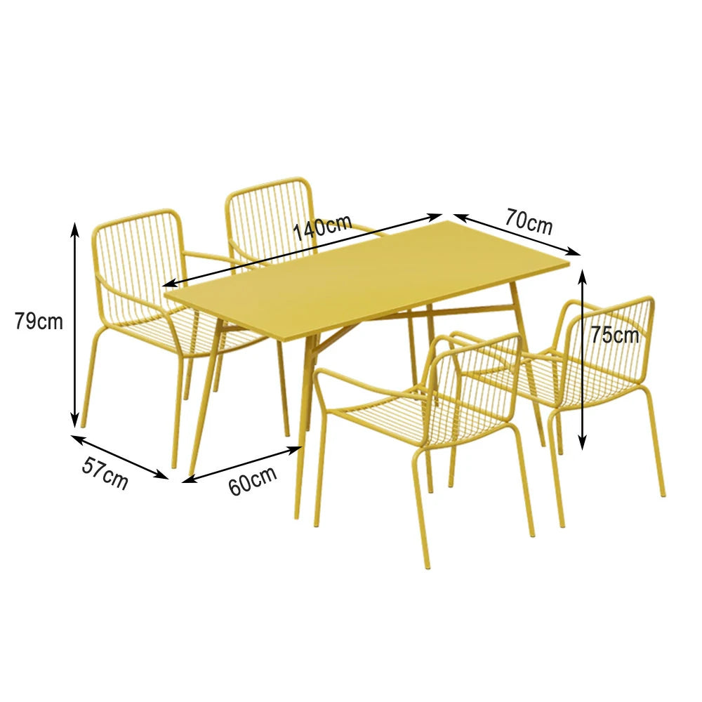 SOLARA 5-Piece Outdoor Rectangular Dining Set - Yellow Wrought Iron, 1 Table (120/140cm) & 4 Chairs, Weather-Resistant for Patio