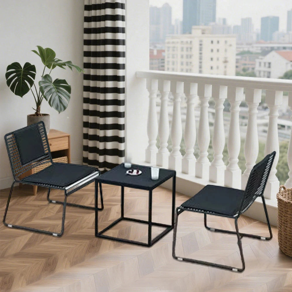 SOLARA Iron Table and Chair Set - Minimalist Metal Frame, 1 Table with 2 Lounge Chairs, Gold Finish - Black