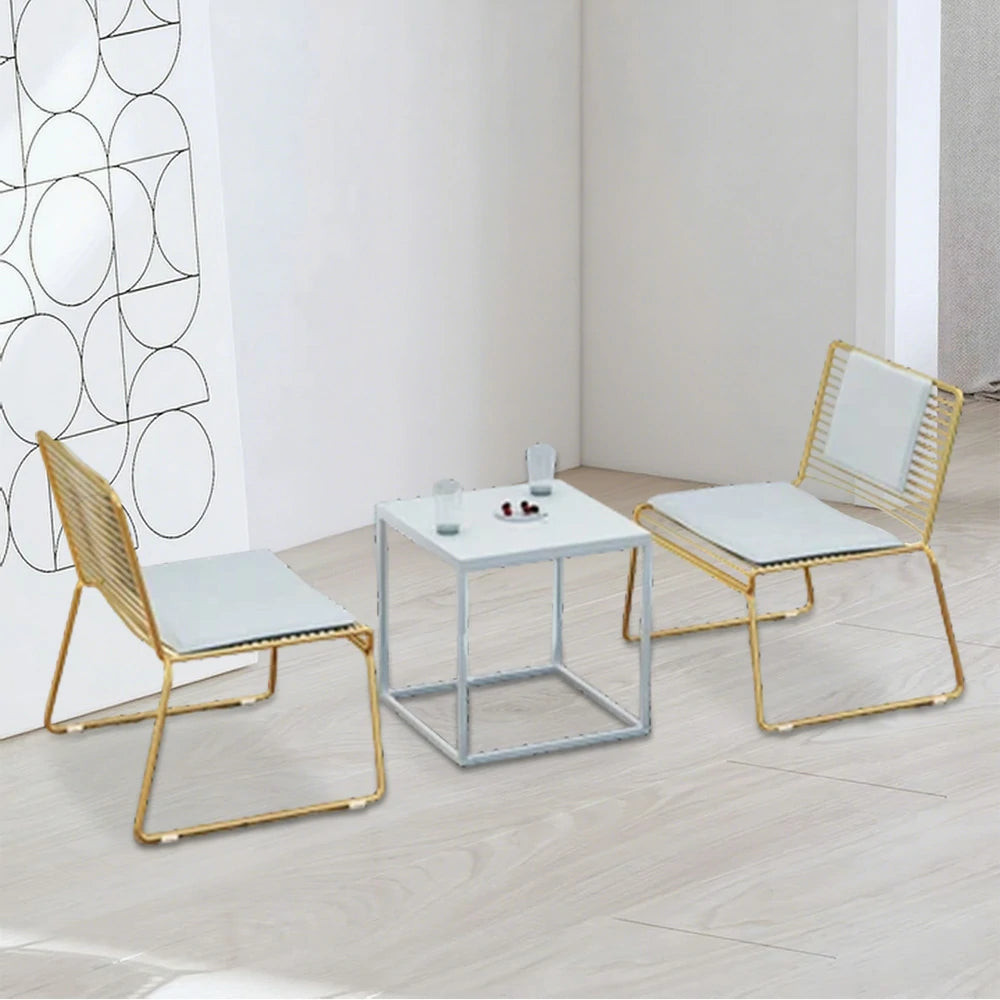 SOLARA Iron Table and Chair Set - Minimalist Metal Frame, 1 Table with 2 Lounge Chairs, Gold Finish - Gold