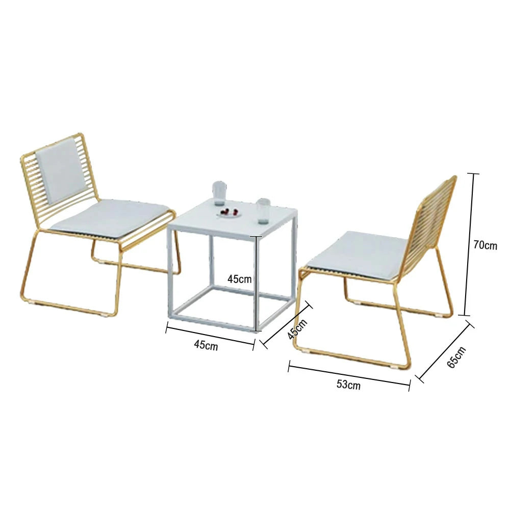 SOLARA Iron Table and Chair Set - Minimalist Metal Frame, 1 Table with 2 Lounge Chairs, Gold Finish - Gold