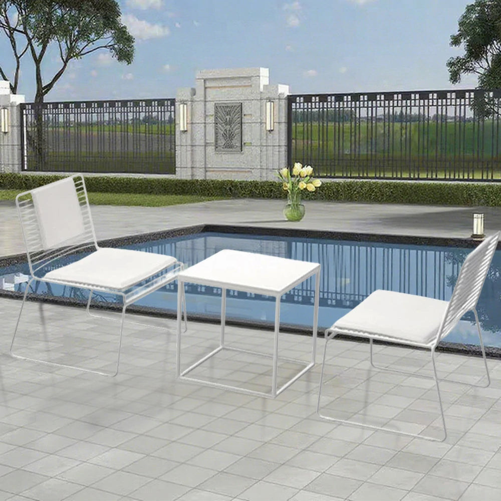 SOLARA Iron Table and Chair Set - Minimalist Metal Frame, 1 Table with 2 Lounge Chairs, Gold Finish - White