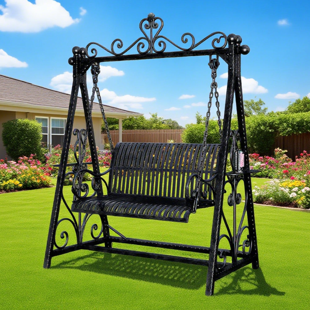SOLARA FYY01 150cm Wrought Iron Garden Swing Chair – Black/White/Green Curved Backrest Outdoor Use