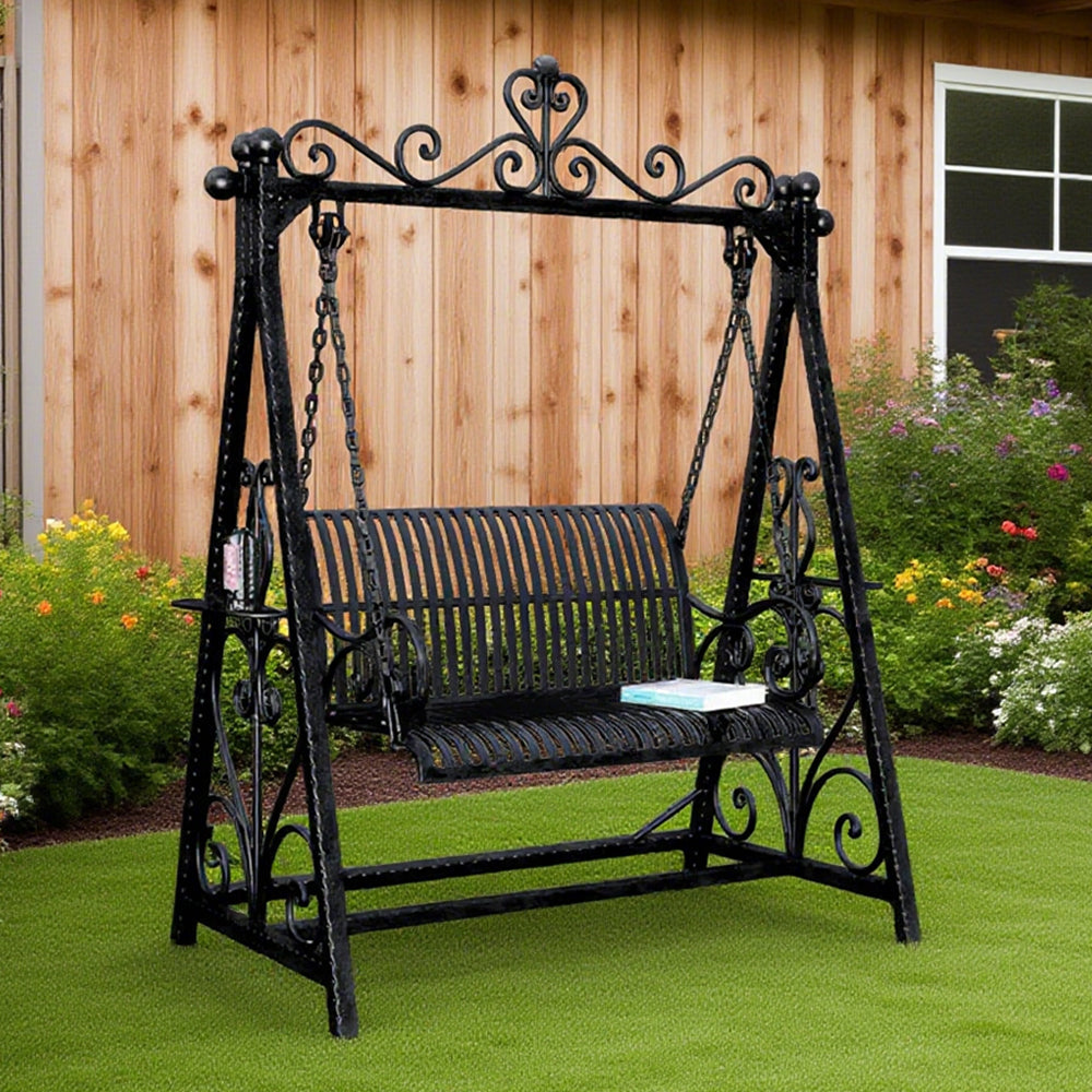 SOLARA FYY01 150cm Wrought Iron Garden Swing Chair – Black/White/Green Curved Backrest Outdoor Use