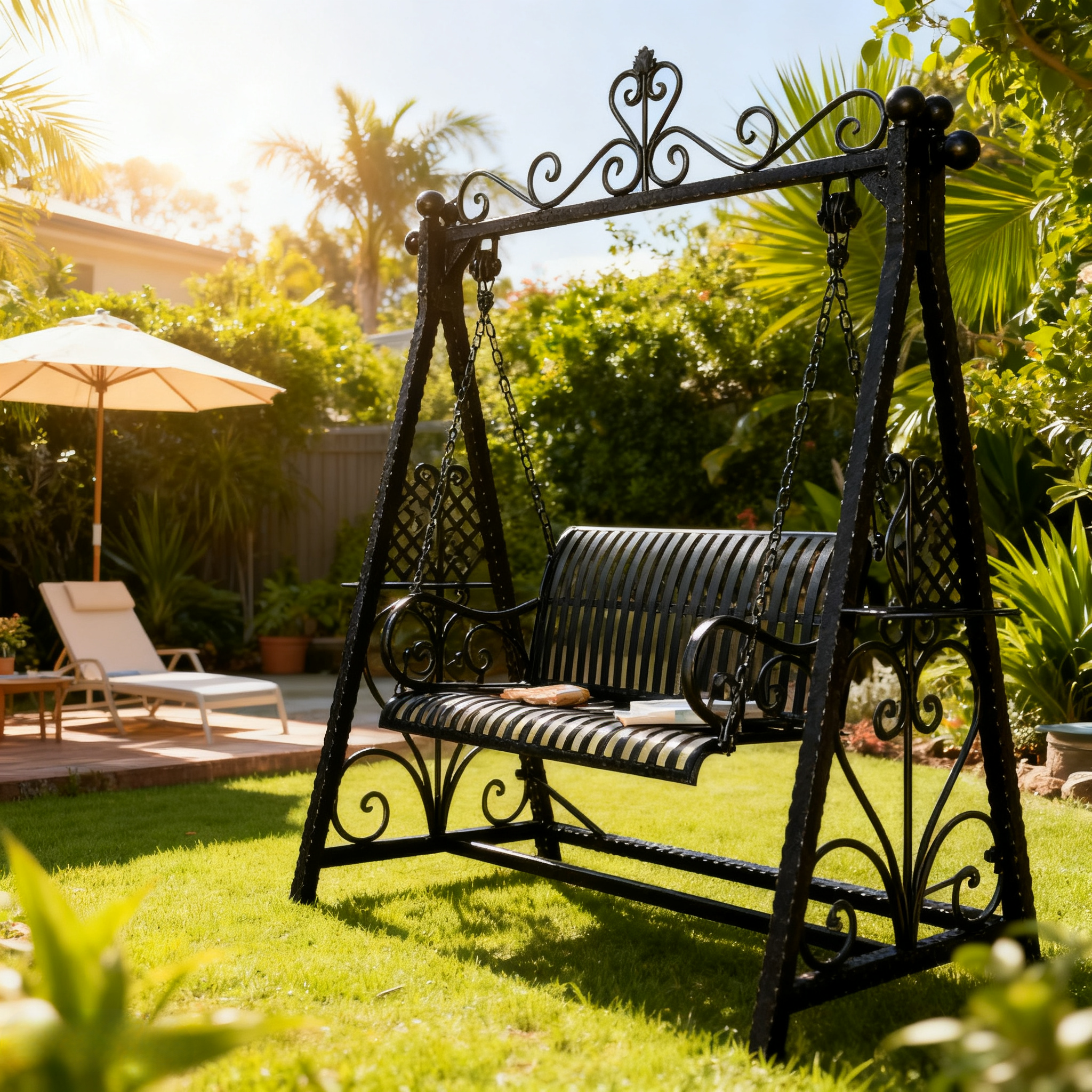 SOLARA FYY01 150cm Wrought Iron Garden Swing Chair – Black/White/Green Curved Backrest Outdoor Use