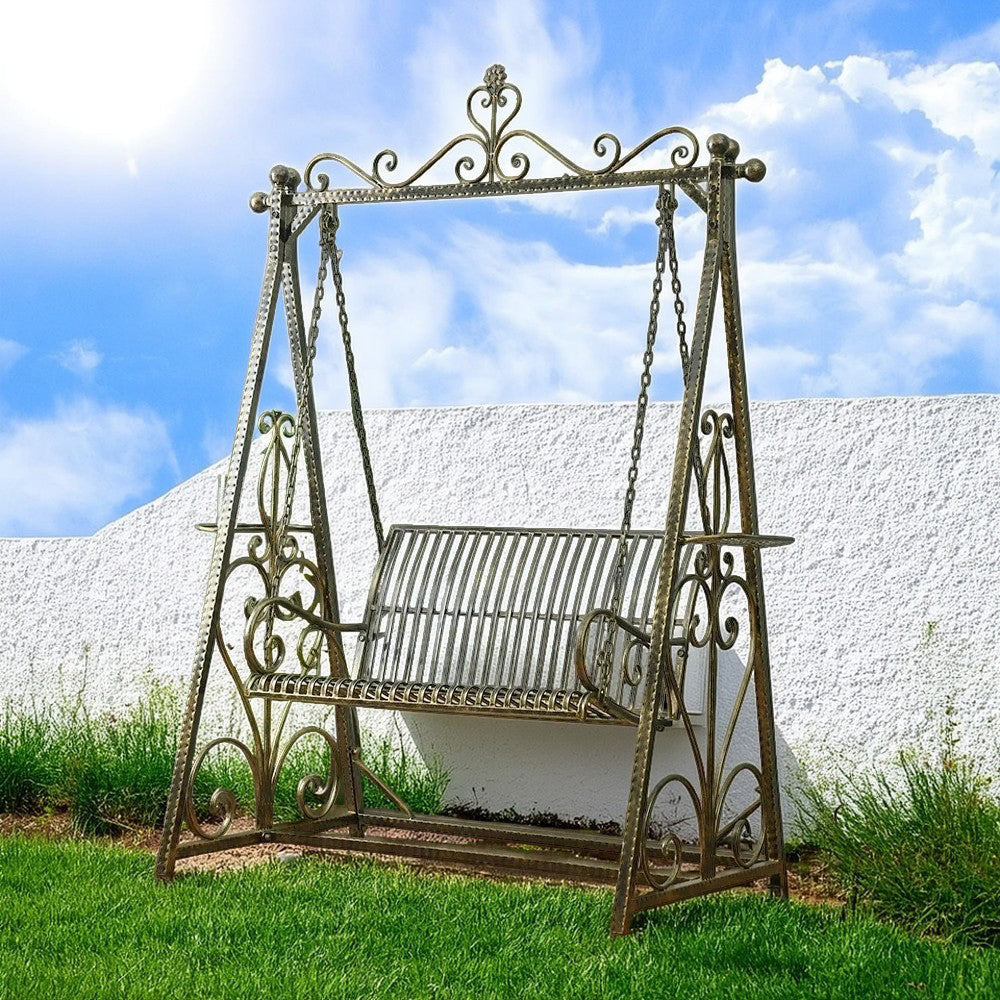 SOLARA FYY01 150cm Wrought Iron Garden Swing Chair – Black/White/Green Curved Backrest Outdoor Use