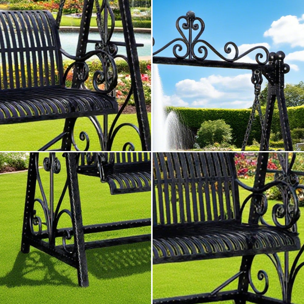 SOLARA FYY01 150cm Wrought Iron Garden Swing Chair – Black/White/Green Curved Backrest Outdoor Use