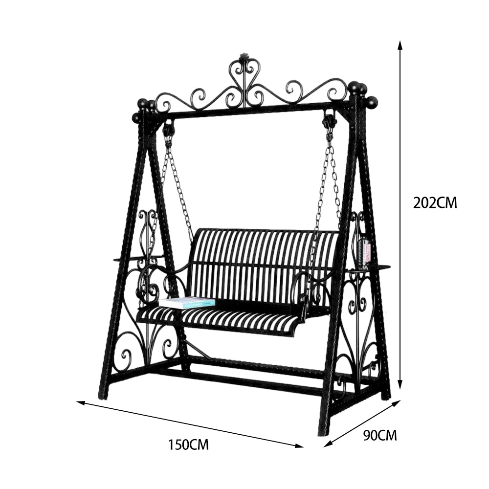 SOLARA FYY01 150cm Wrought Iron Garden Swing Chair – Black/White/Green Curved Backrest Outdoor Use