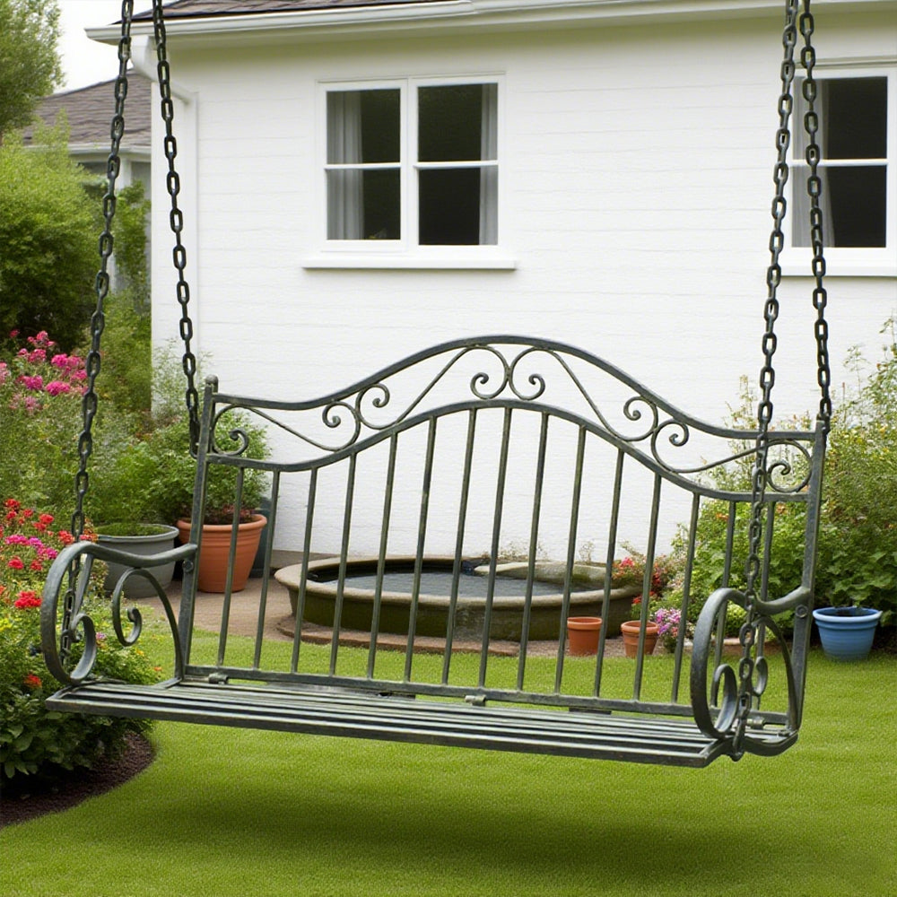 SOLARA YY02 100cm Wrought Iron Hanging Garden Chair – Brown/Green Straight Backrest Outdoor Use