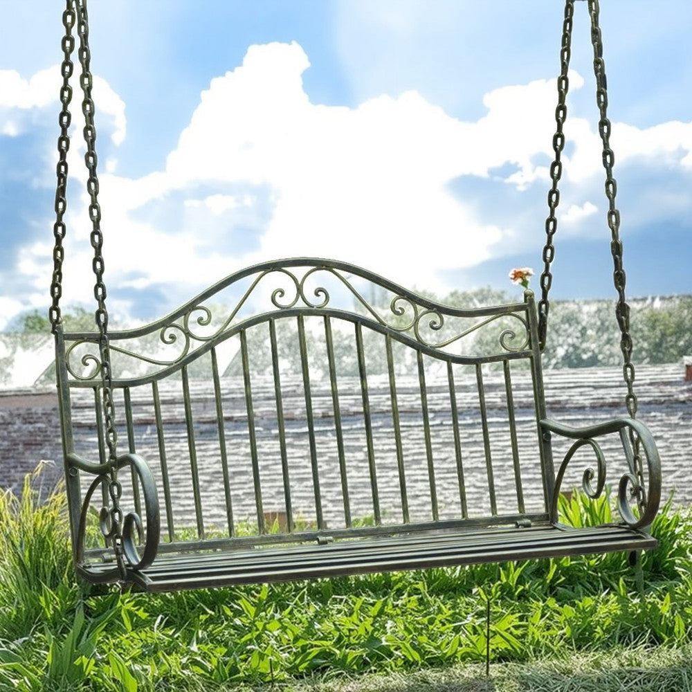 SOLARA YY02 100cm Wrought Iron Hanging Garden Chair – Brown/Green Straight Backrest Outdoor Use