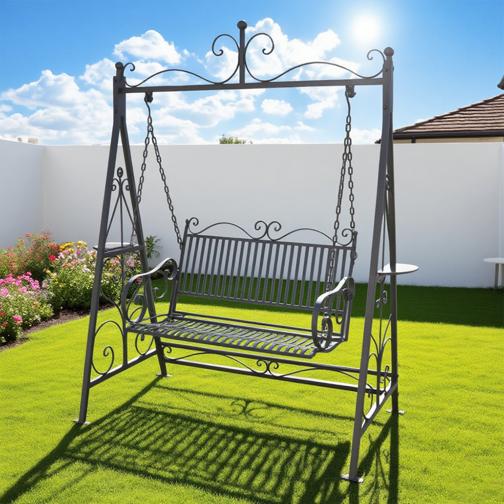 SOLARA FYY02A 150cm Wrought Iron Garden Swing Chair – Black/White/Red Straight Backrest Outdoor Use