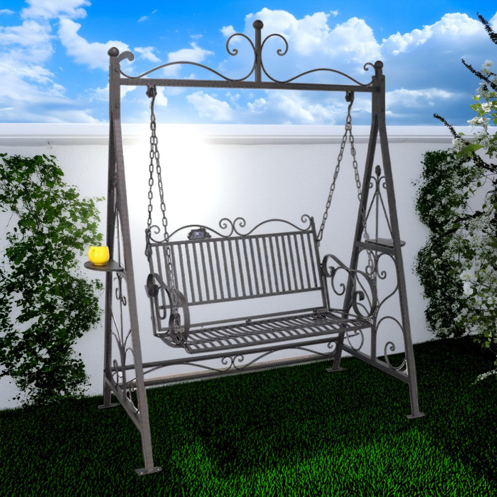 SOLARA FYY02A 150cm Wrought Iron Garden Swing Chair – Black/White/Red Straight Backrest Outdoor Use