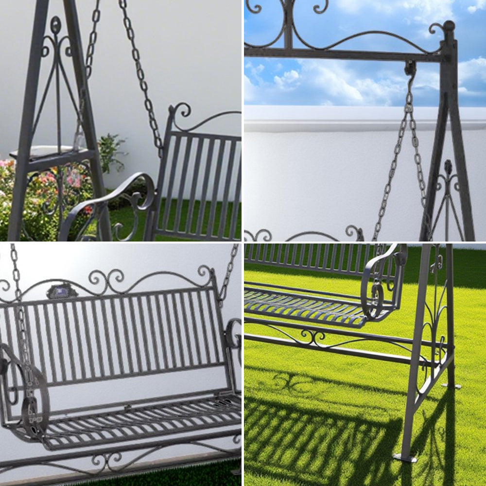 SOLARA FYY02A 150cm Wrought Iron Garden Swing Chair – Black/White/Red Straight Backrest Outdoor Use