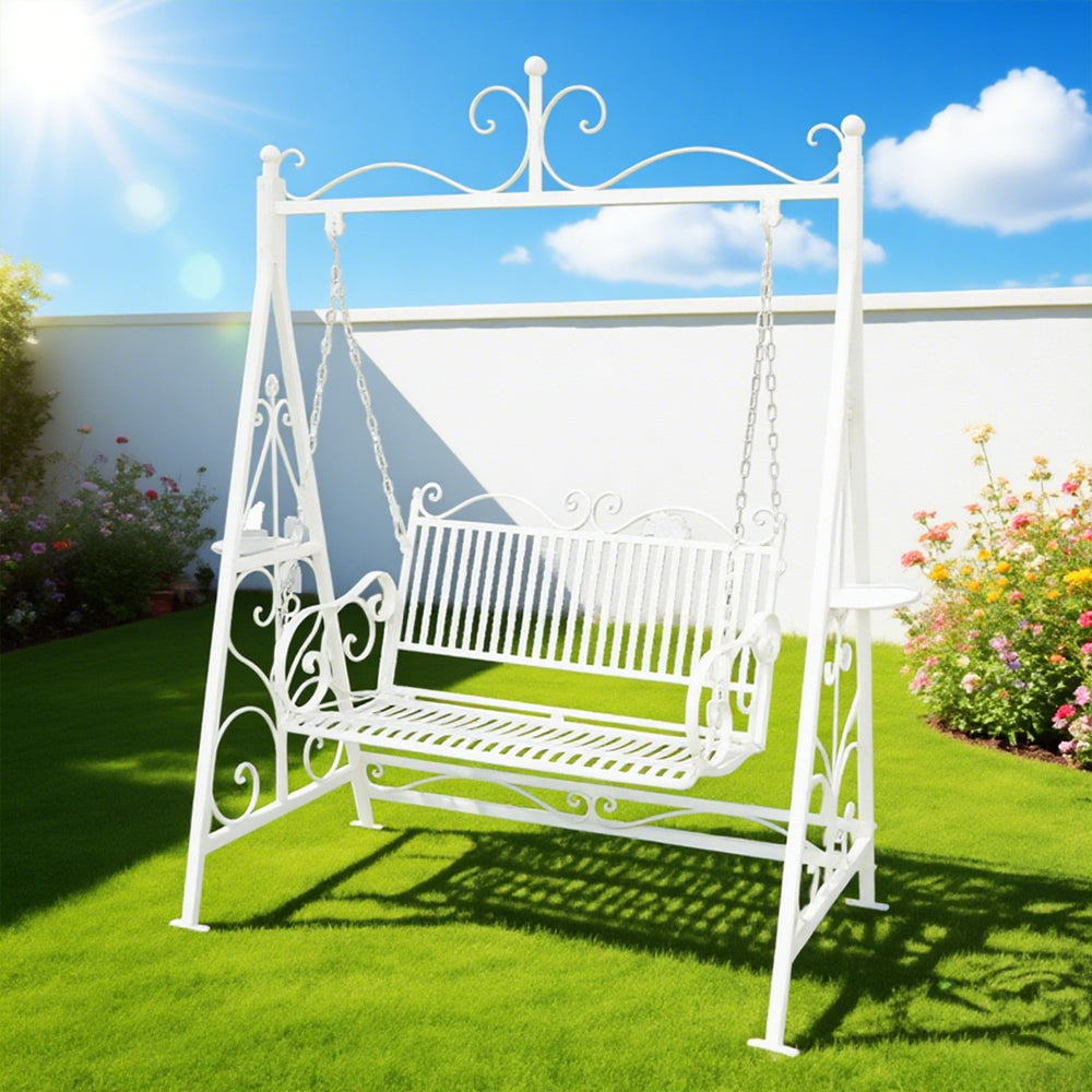 SOLARA FYY02A 150cm Wrought Iron Garden Swing Chair – Black/White/Red Straight Backrest Outdoor Use