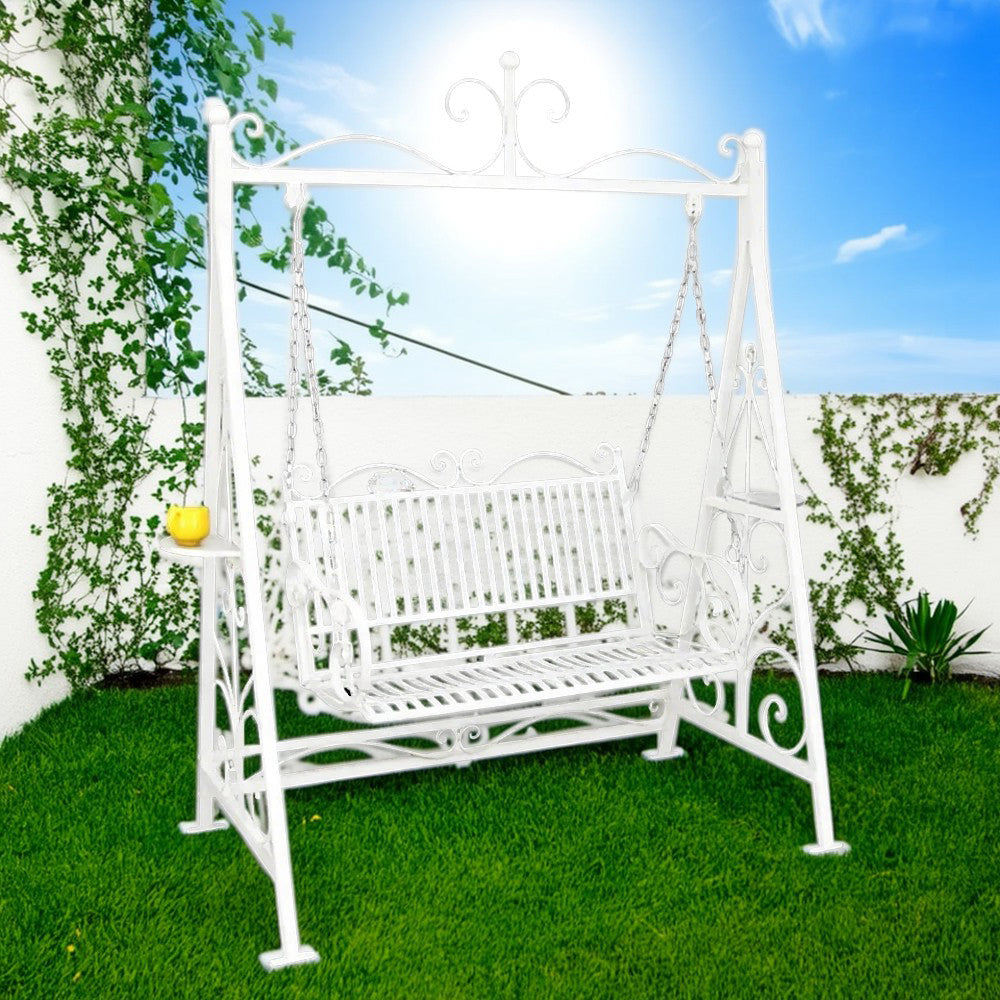 SOLARA FYY02A 150cm Wrought Iron Garden Swing Chair – Black/White/Red Straight Backrest Outdoor Use